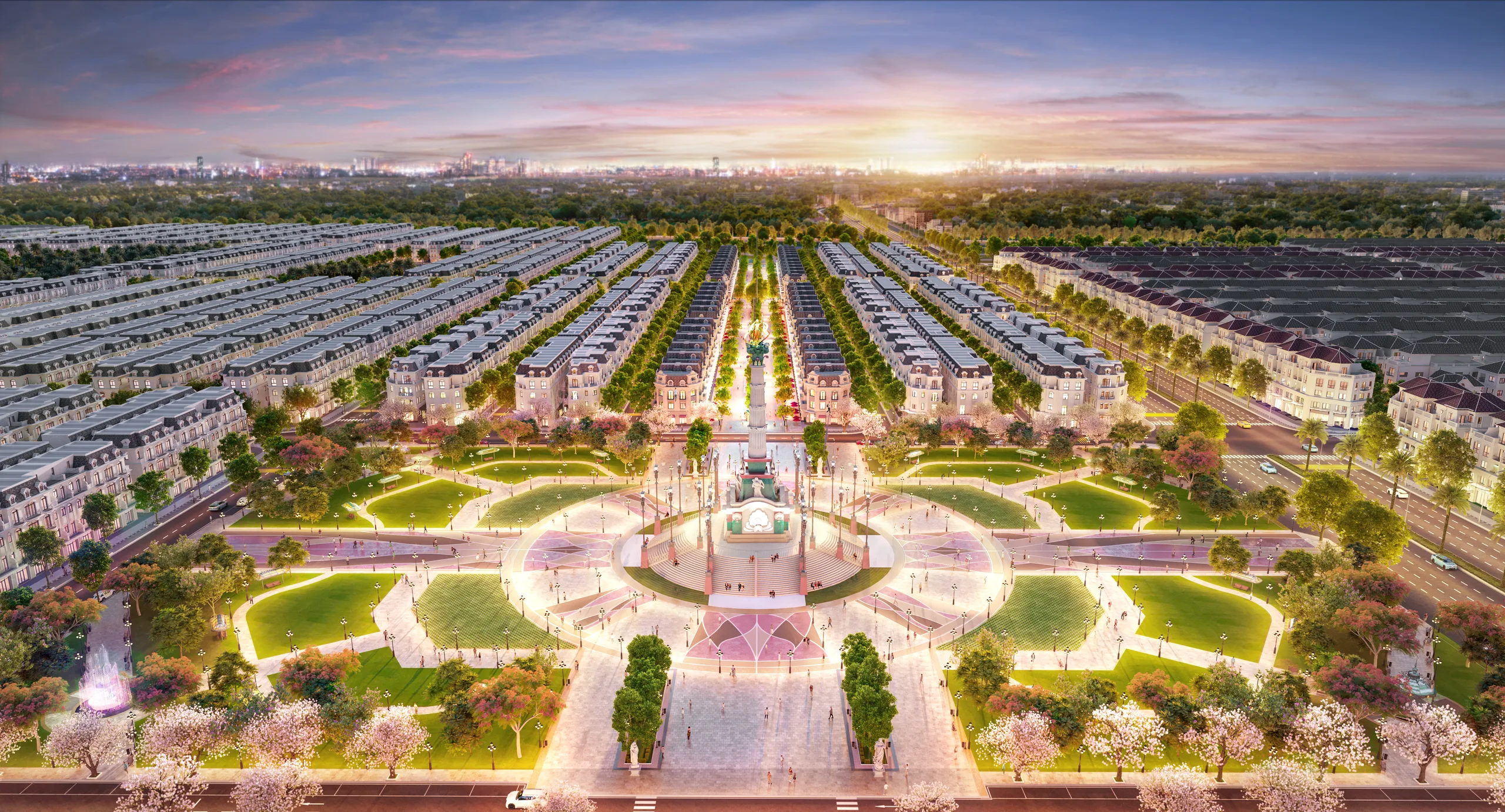 Quảng trường Empire và tháp Nữ thần Ánh sáng lúc lên đèn – Vinhomes Ocean Park 2