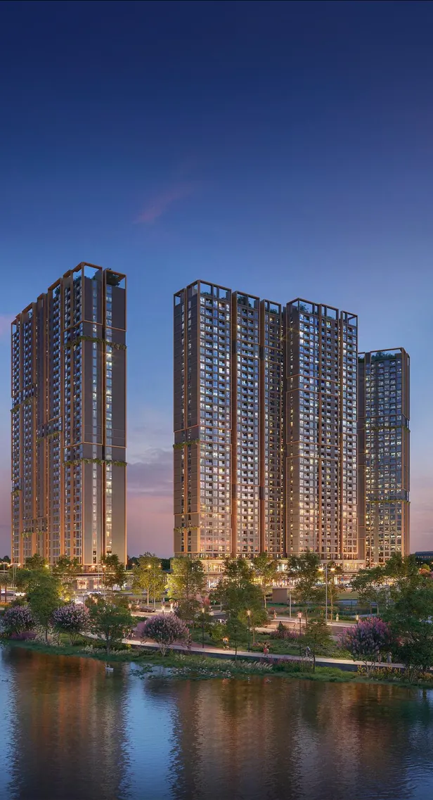 Các tòa tháp The Parkland lên đèn bên hồ